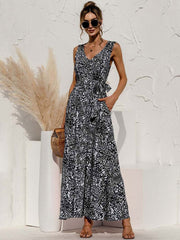 Boho V Neck Sleeveless Pocket Floral Maxi Dress