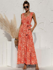 Boho V Neck Sleeveless Pocket Floral Maxi Dress
