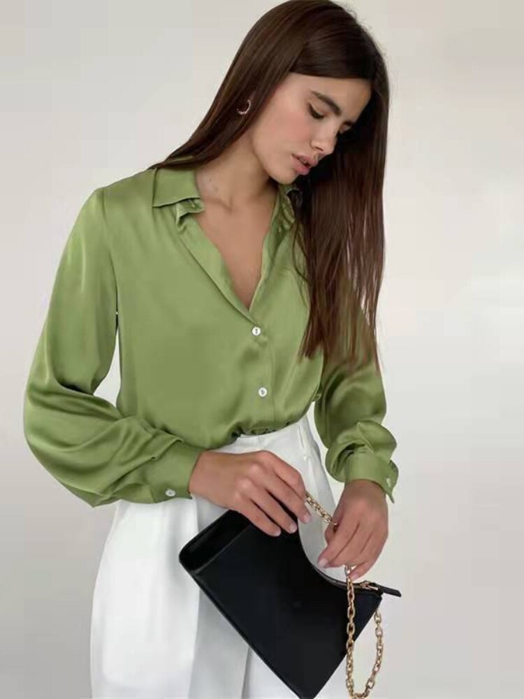 Elegant Long Sleeve Green Silk Blouse