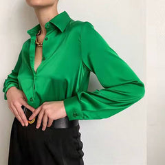 Elegant Long Sleeve Green Silk Blouse