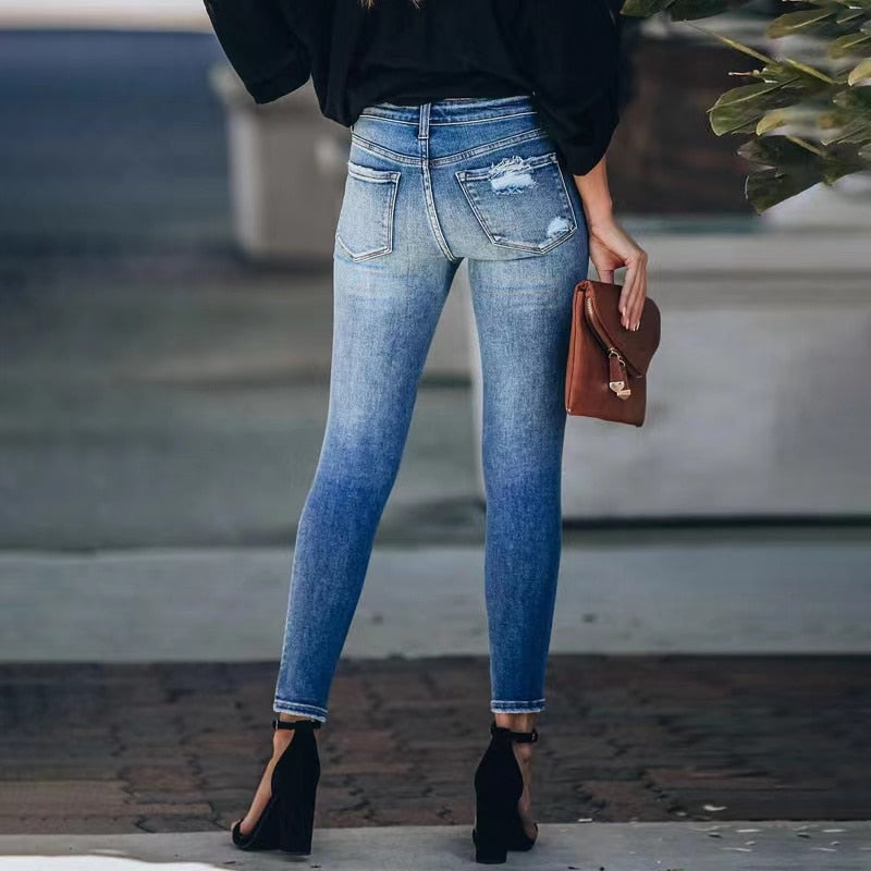 WomenJeans Blue Hight Waist Streetwear Ripped Casual Fashion Denim Pencil Pants