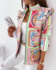 Ruffled Long-sleeved Zipper Printed Blazer