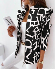 Ruffled Long-sleeved Zipper Printed Blazer