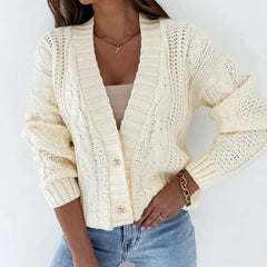 Autumn New Cropped Cardigan V-neck Button Twist Knitted Tops Coat