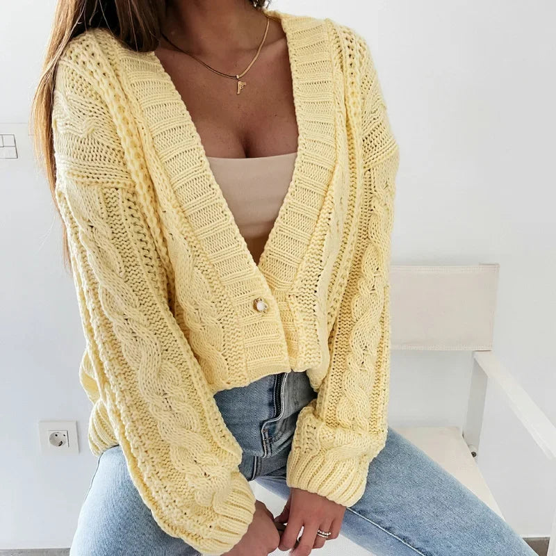 Autumn New Cropped Cardigan V-neck Button Twist Knitted Tops Coat