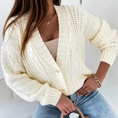 Autumn New Cropped Cardigan V-neck Button Twist Knitted Tops Coat