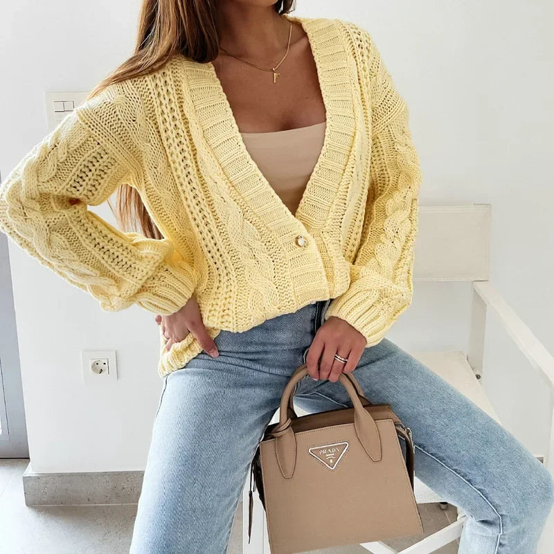 Autumn New Cropped Cardigan V-neck Button Twist Knitted Tops Coat