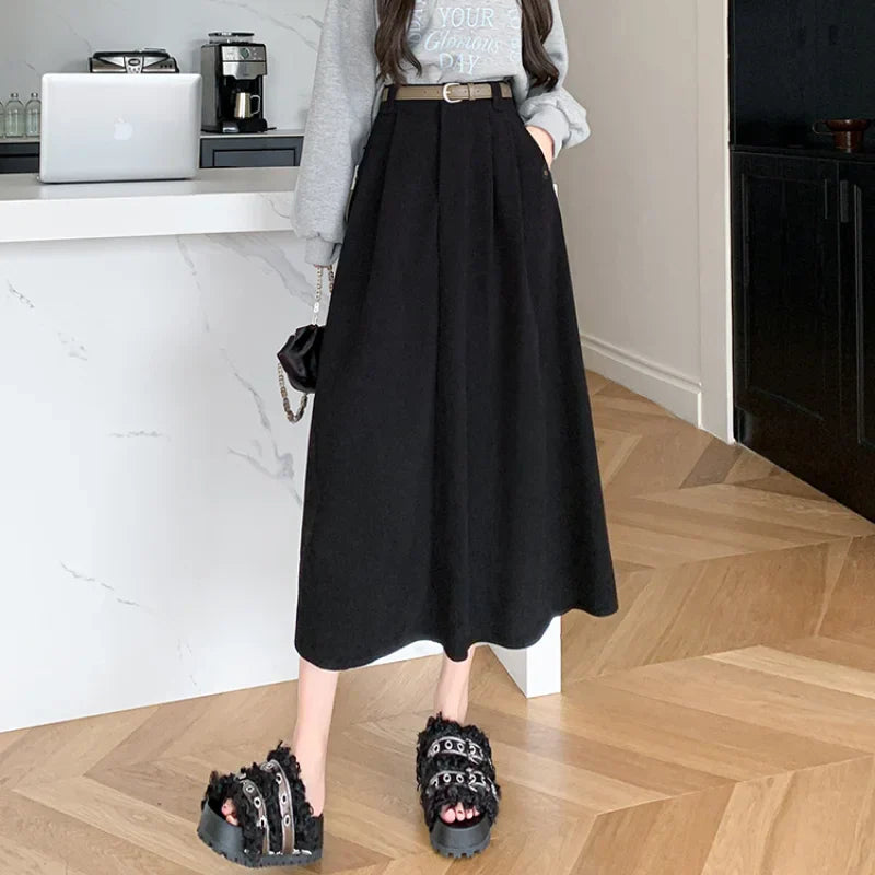 New Autumn Winter Corduroy Womens Fashion High Waist Ball Gown Korean Ladies Casual Long Skirt