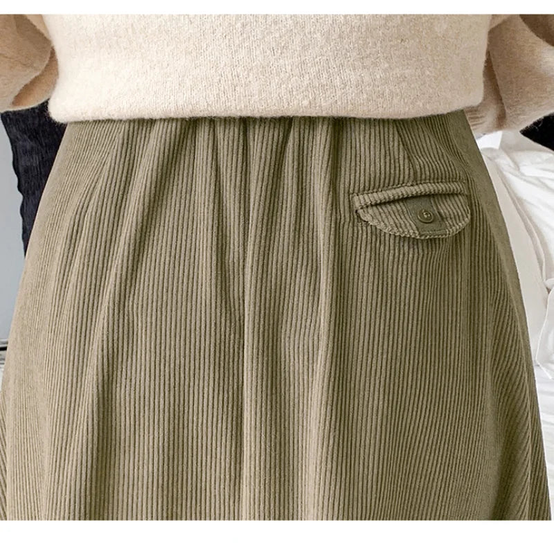 New Autumn Winter Corduroy Womens Fashion High Waist Ball Gown Korean Ladies Casual Long Skirt
