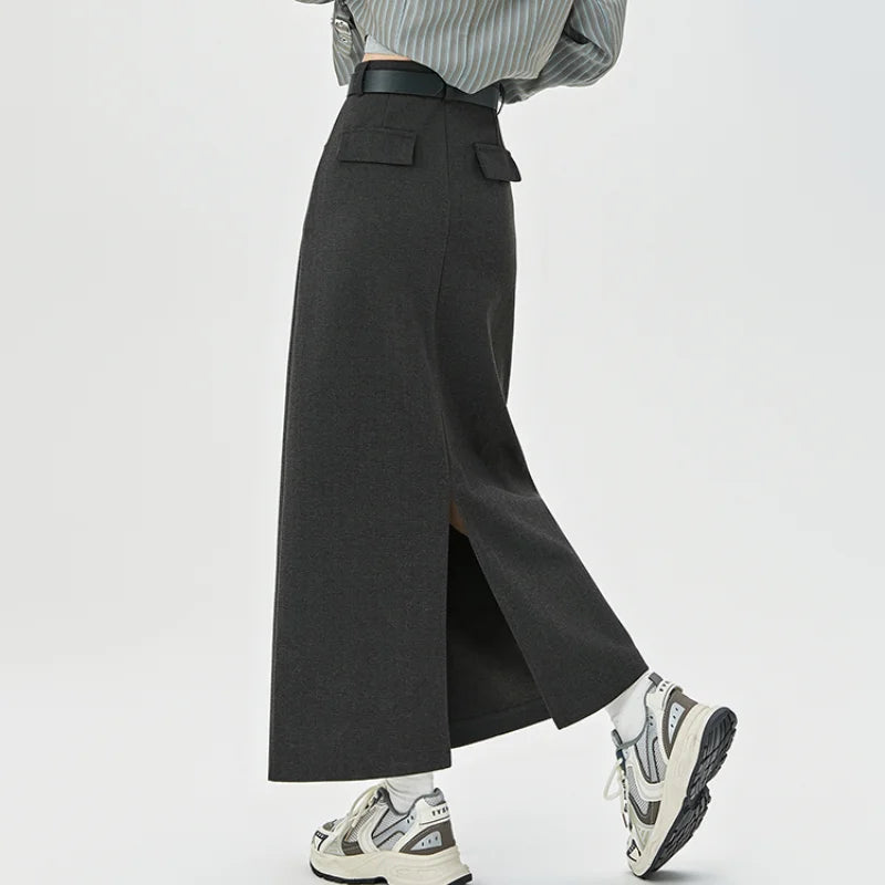 New Autumn Winter Wool Blend Long Womens Fashion High Waist A-line Midi Ladies Elegant Woolen Skirt