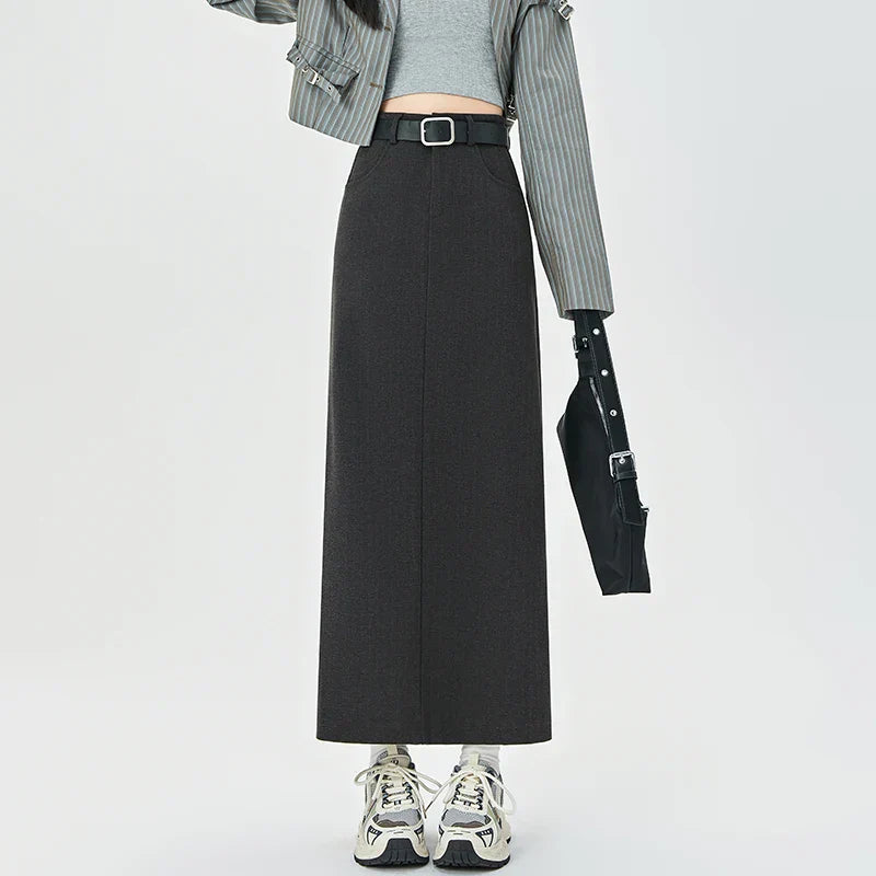 New Autumn Winter Wool Blend Long Womens Fashion High Waist A-line Midi Ladies Elegant Woolen Skirt
