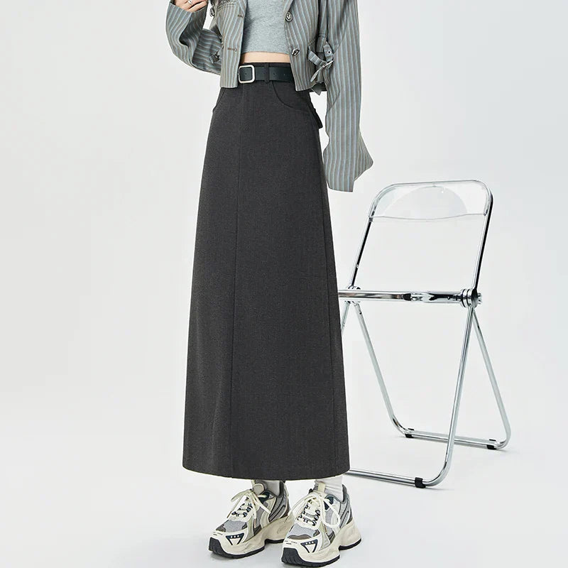 New Autumn Winter Wool Blend Long Womens Fashion High Waist A-line Midi Ladies Elegant Woolen Skirt