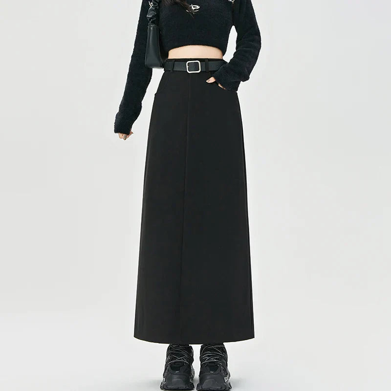 New Autumn Winter Wool Blend Long Womens Fashion High Waist A-line Midi Ladies Elegant Woolen Skirt