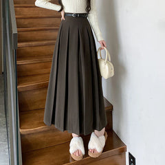 New Autumn Winter Woolen Long High Waist A-line Pleated Korean Style Ladeis Wool Midi Skirt