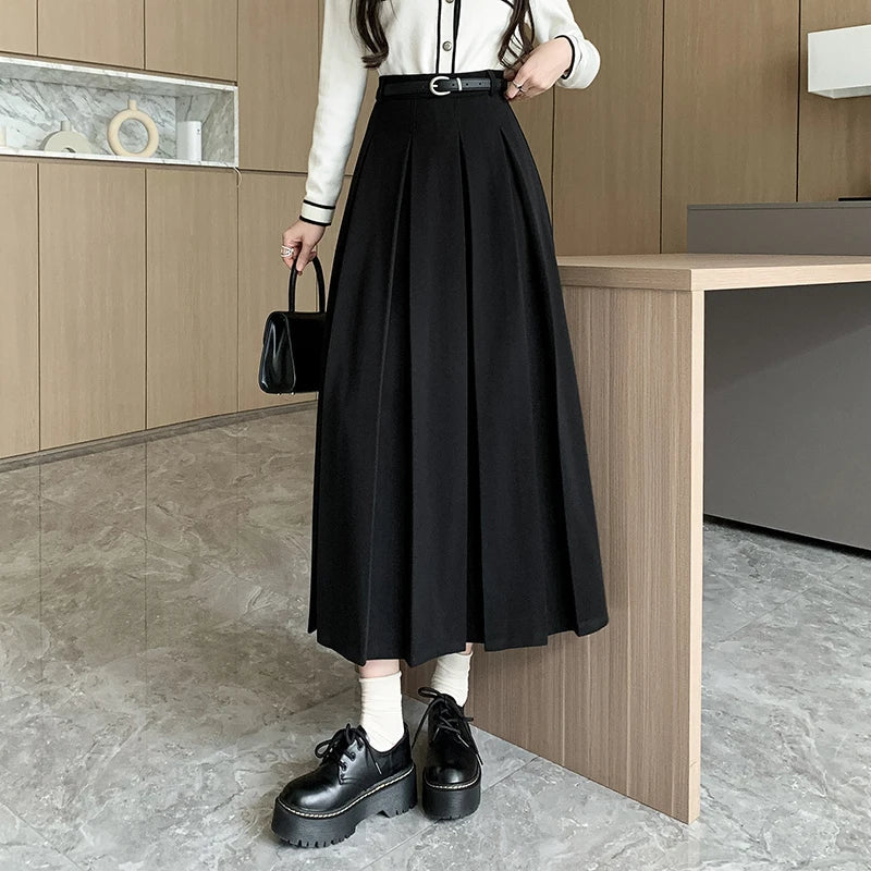 New Autumn Winter Woolen Long High Waist A-line Pleated Korean Style Ladeis Wool Midi Skirt