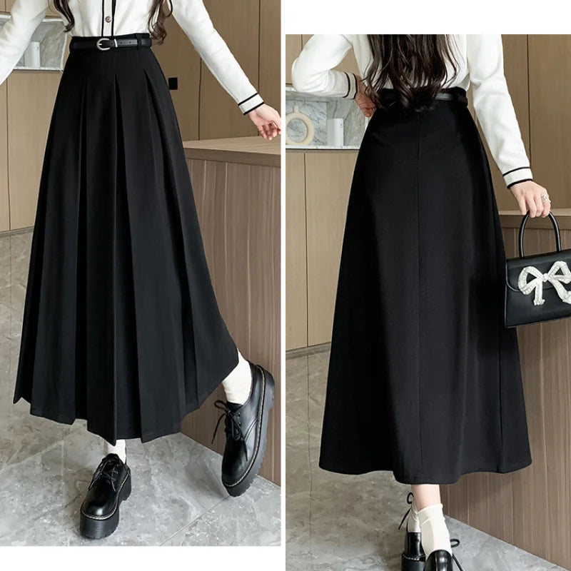 New Autumn Winter Woolen Long High Waist A-line Pleated Korean Style Ladeis Wool Midi Skirt