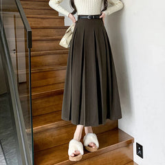 New Autumn Winter Woolen Long High Waist A-line Pleated Korean Style Ladeis Wool Midi Skirt