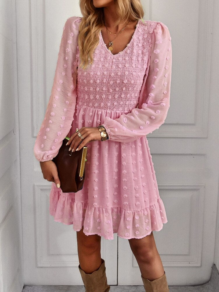 Hollow Solid Ruffles A-line V-neck Elastic Waist Mini Dress