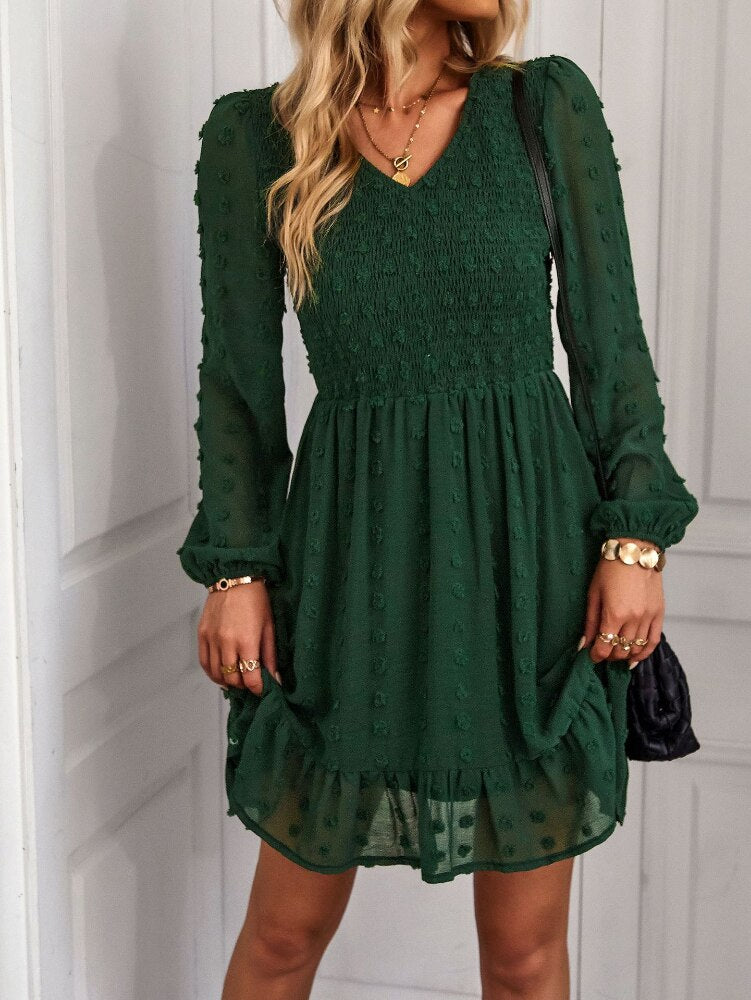 Hollow Solid Ruffles A-line V-neck Elastic Waist Mini Dress