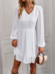 Hollow Solid Ruffles A-line V-neck Elastic Waist Mini Dress