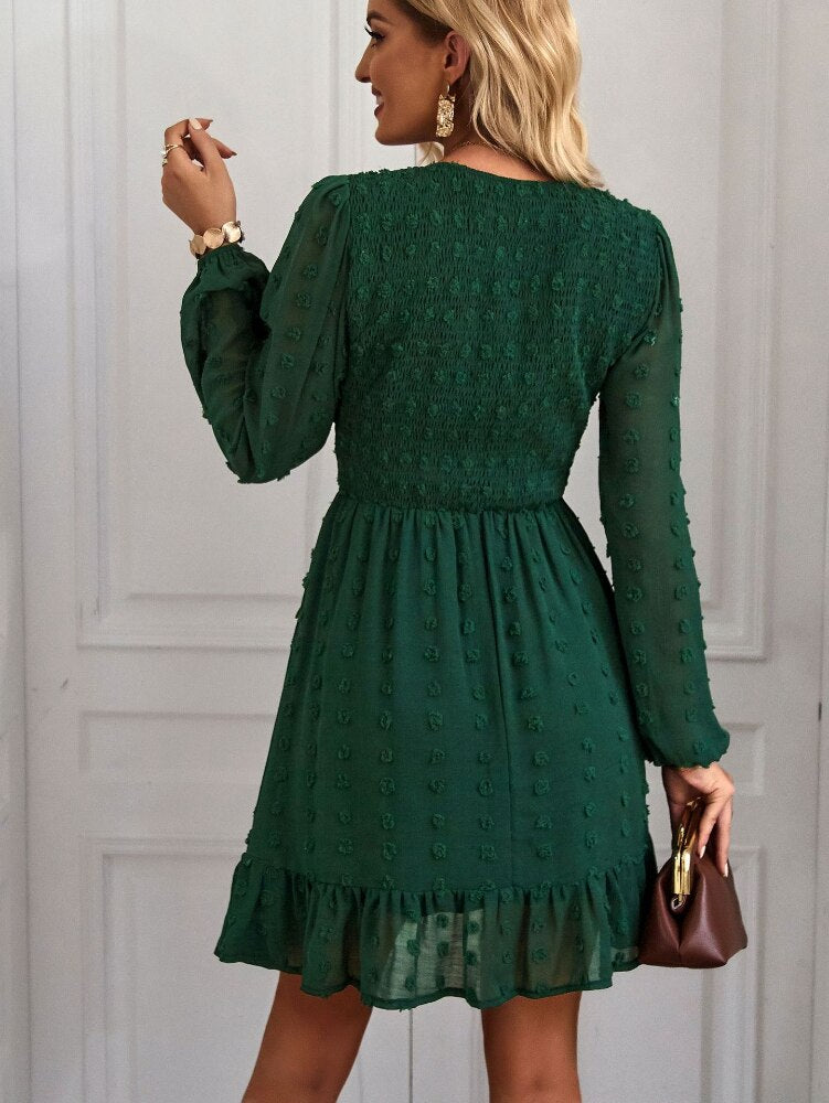 Hollow Solid Ruffles A-line V-neck Elastic Waist Mini Dress