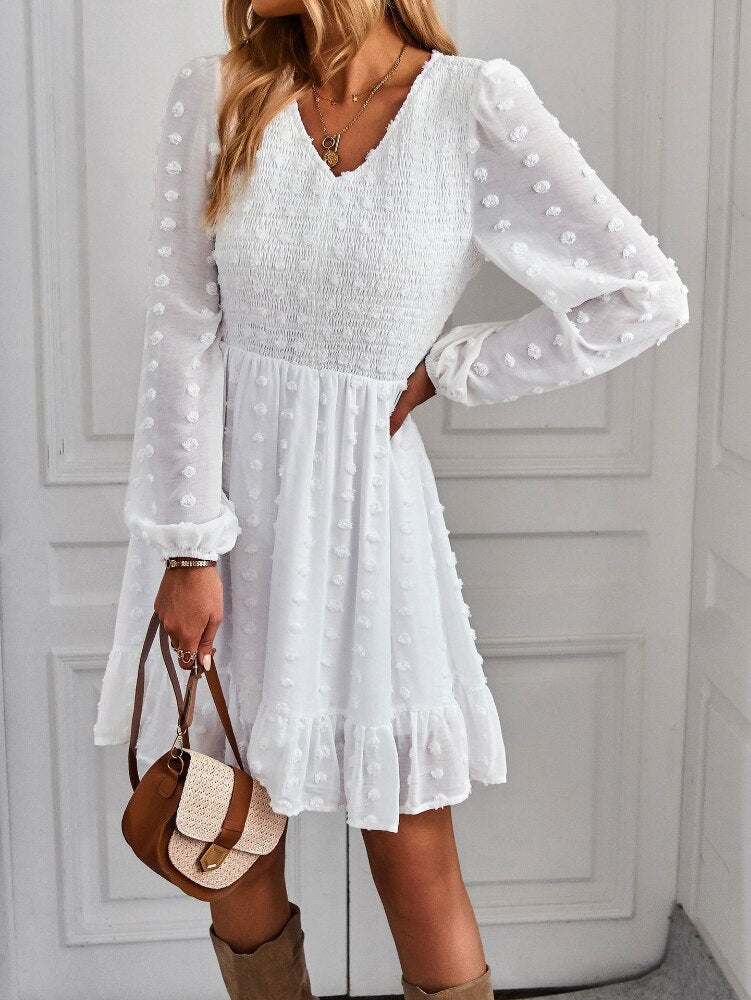 Hollow Solid Ruffles A-line V-neck Elastic Waist Mini Dress