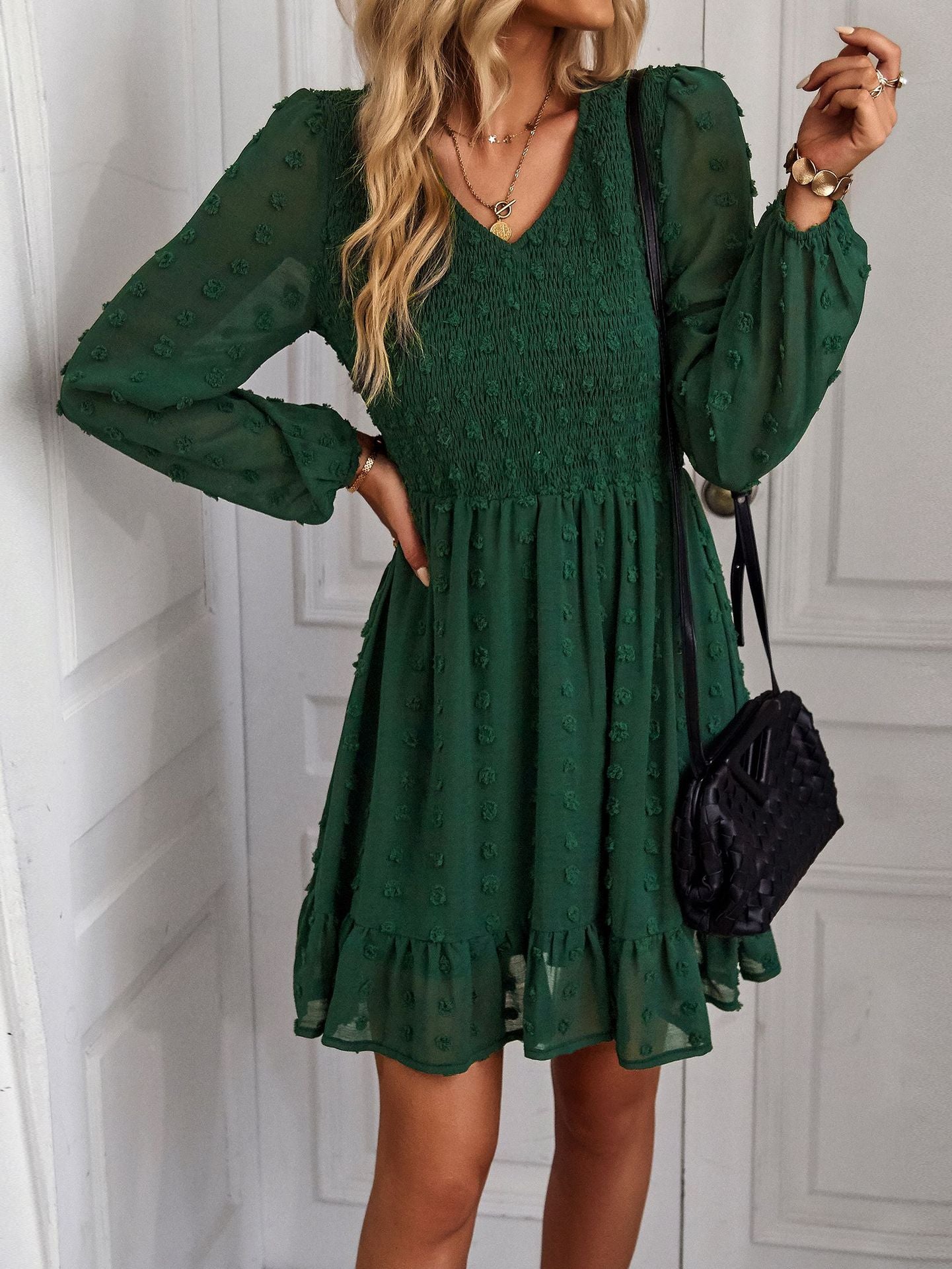 Hollow Solid Ruffles A-line V-neck Elastic Waist Mini Dress