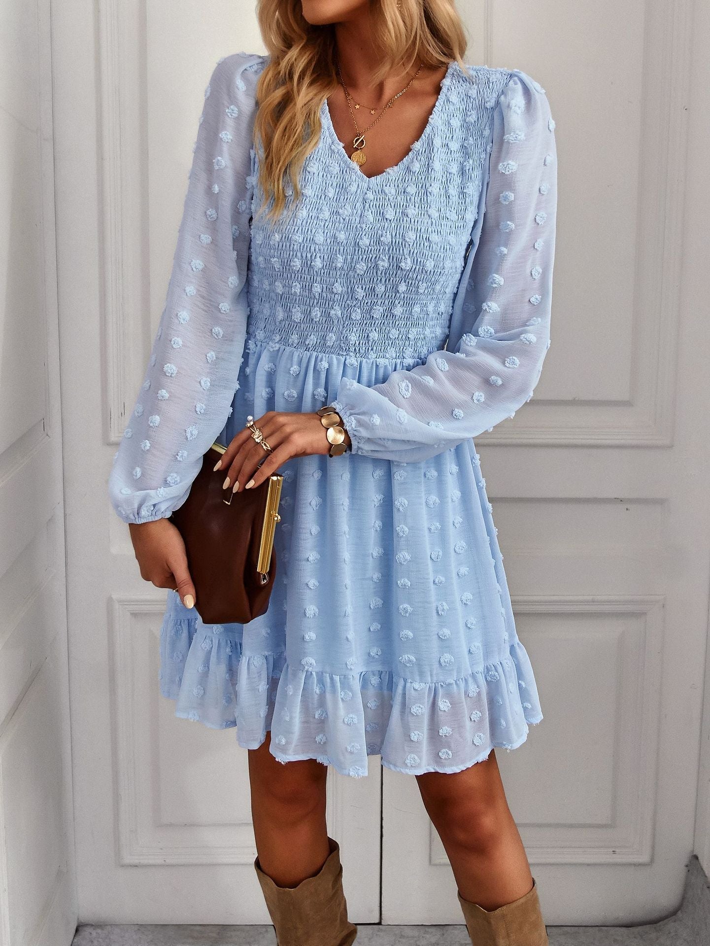 Hollow Solid Ruffles A-line V-neck Elastic Waist Mini Dress