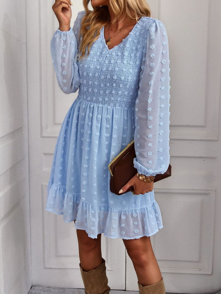 Hollow Solid Ruffles A-line V-neck Elastic Waist Mini Dress