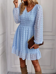 Hollow Solid Ruffles A-line V-neck Elastic Waist Mini Dress
