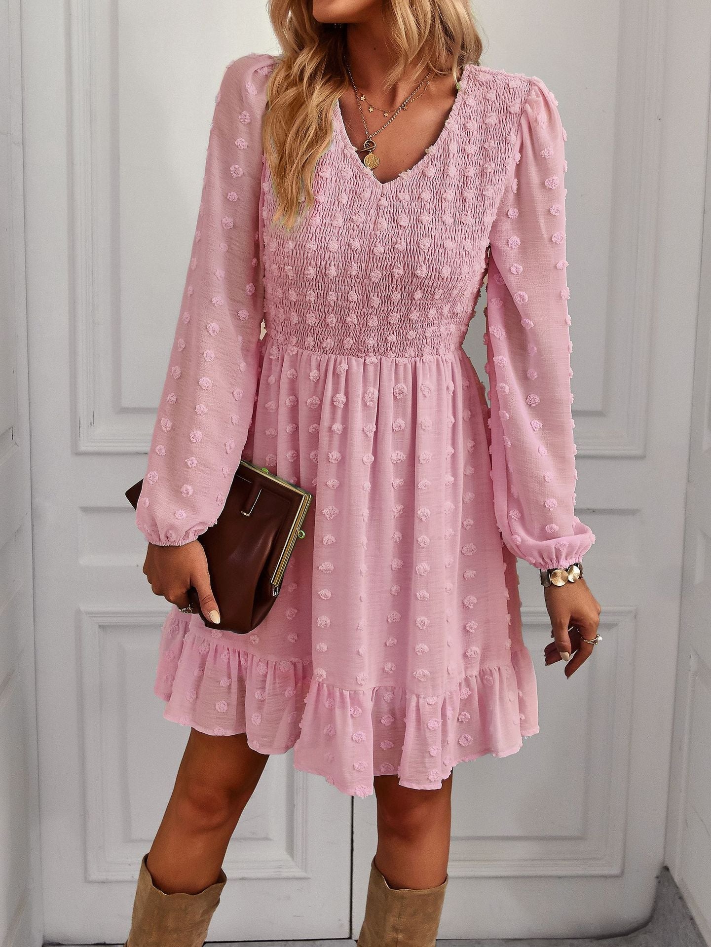 Hollow Solid Ruffles A-line V-neck Elastic Waist Mini Dress