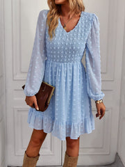 Hollow Solid Ruffles A-line V-neck Elastic Waist Mini Dress