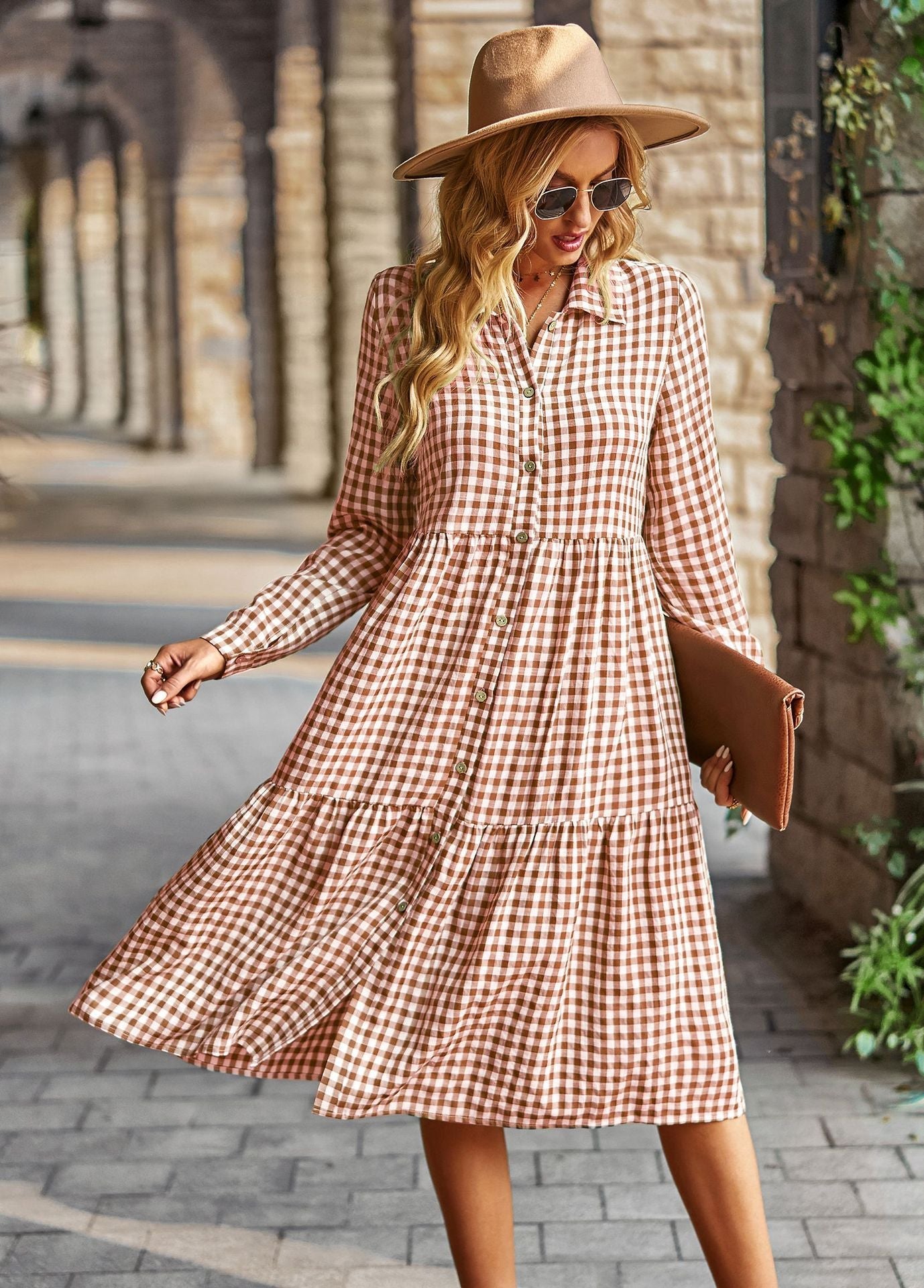 Plaid Print A-line Long Sleeve Shirt Dress