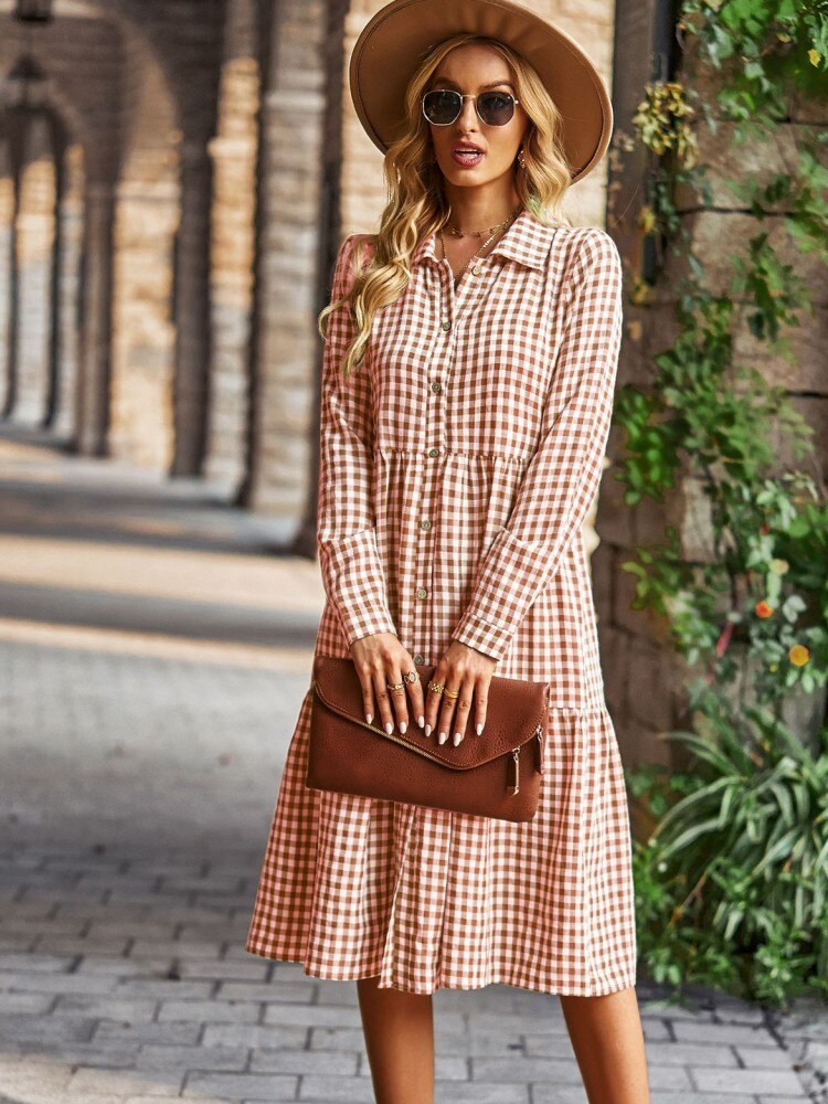 Plaid Print A-line Long Sleeve Shirt Dress