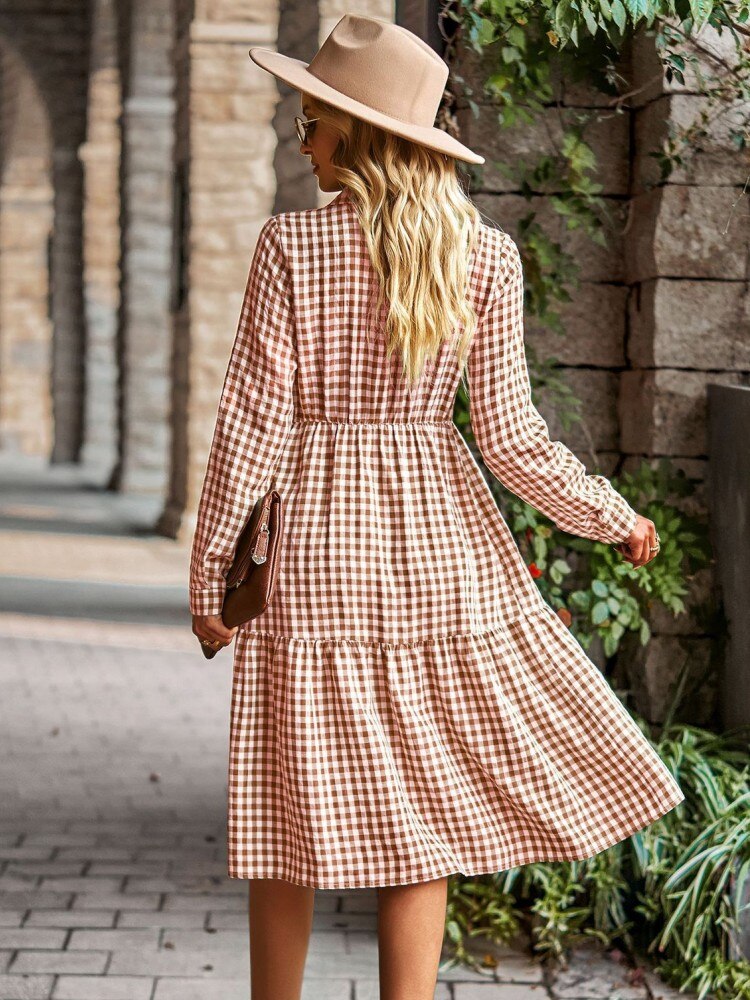 Plaid Print A-line Long Sleeve Shirt Dress
