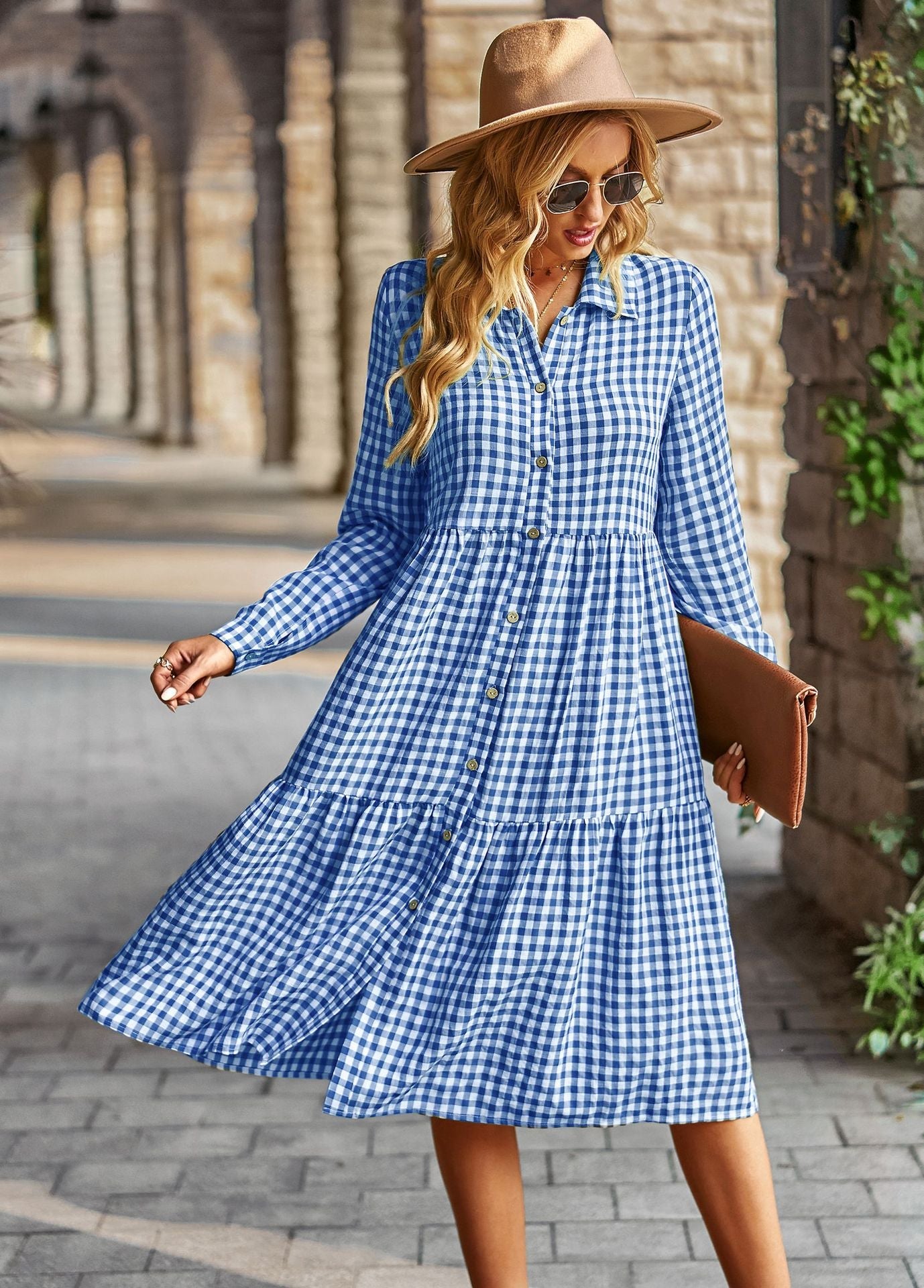 Plaid Print A-line Long Sleeve Shirt Dress