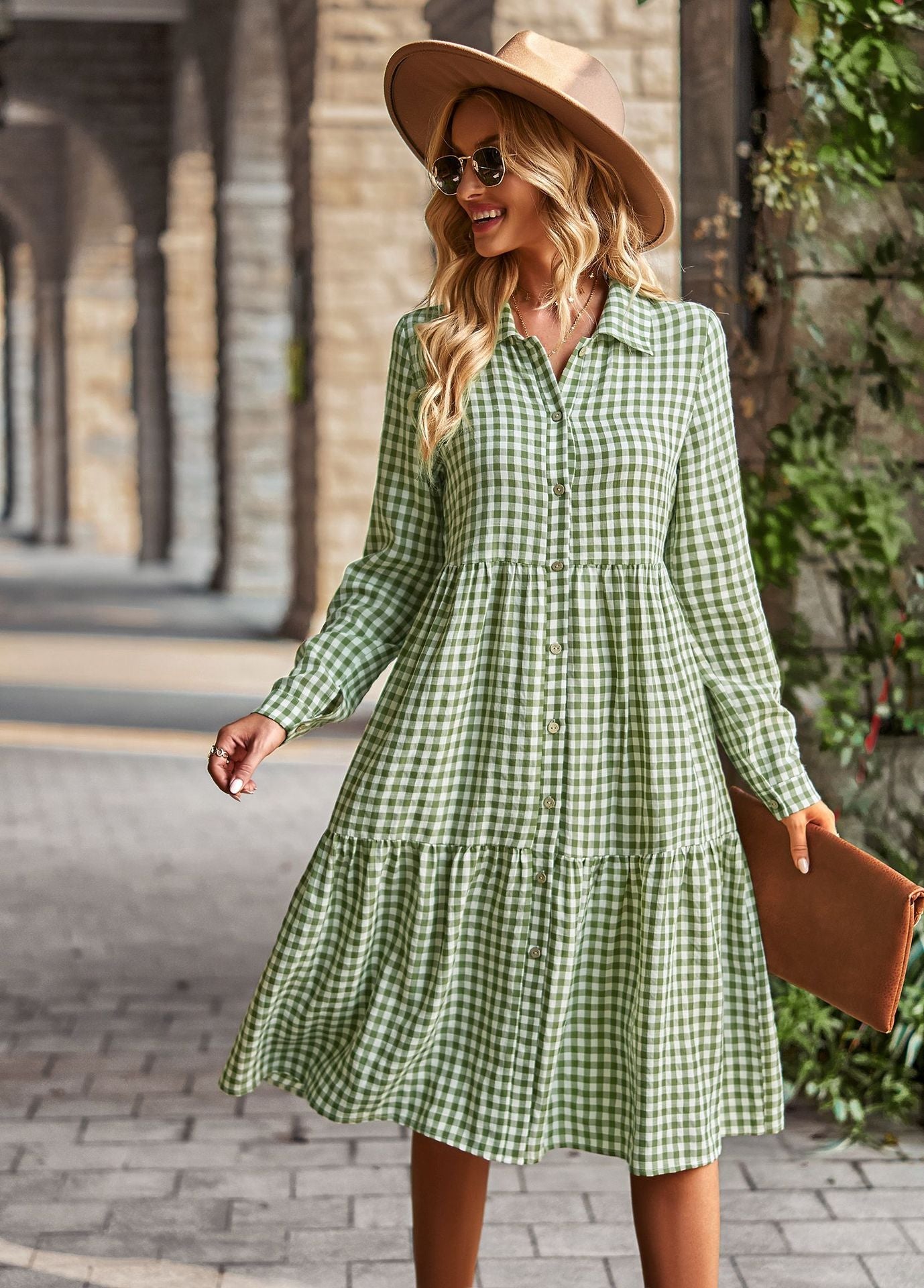 Plaid Print A-line Long Sleeve Shirt Dress