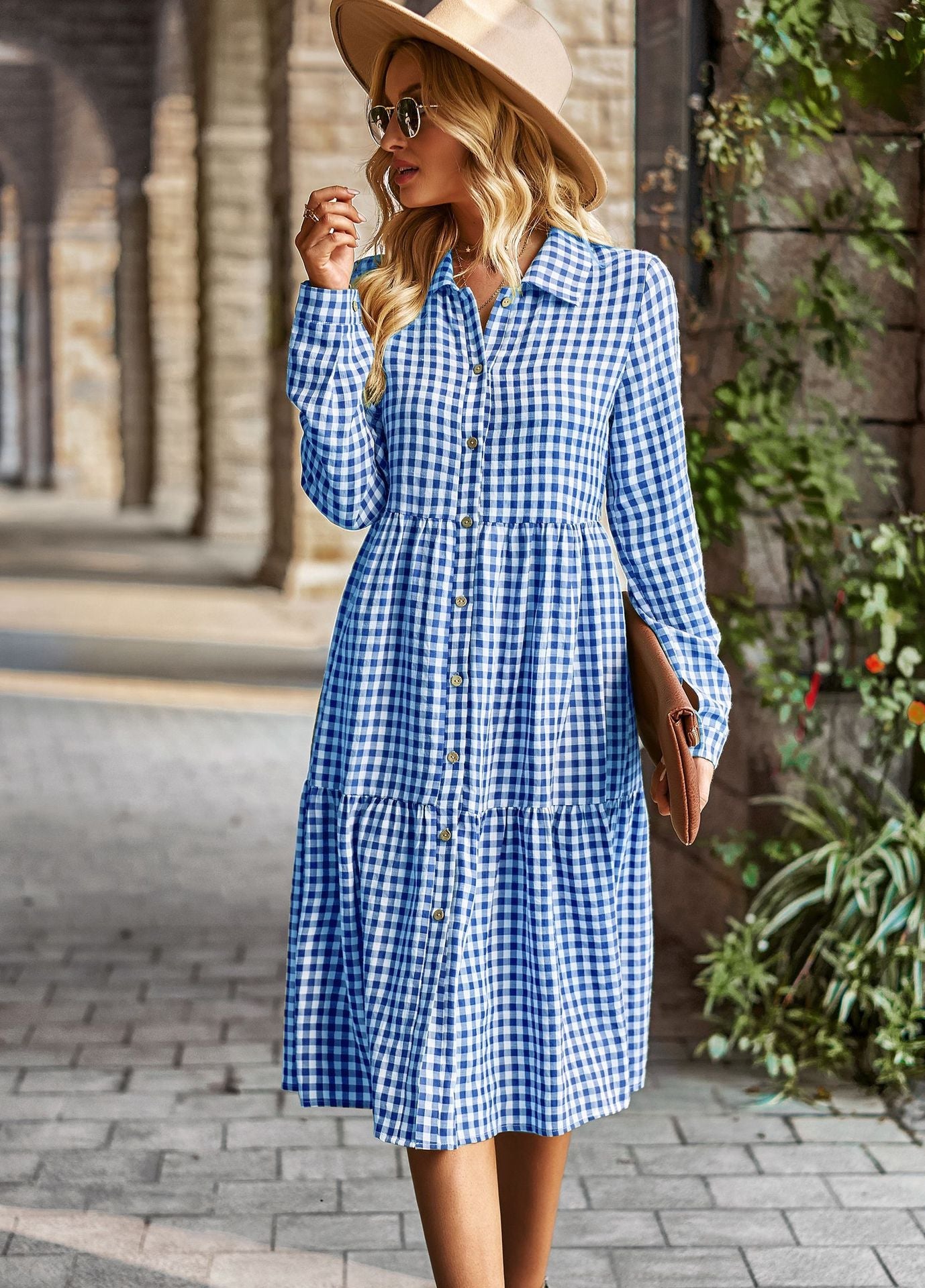Plaid Print A-line Long Sleeve Shirt Dress