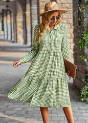 Plaid Print A-line Long Sleeve Shirt Dress
