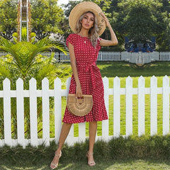 New Summer Polka Dots Sleeveless Pleated For High Waist Elegant Office Green Lady Dinner Party Clothes Midi Dress