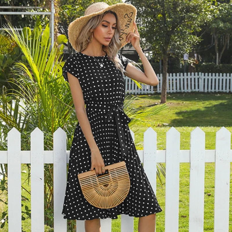 New Summer Polka Dots Sleeveless Pleated For High Waist Elegant Office Green Lady Dinner Party Clothes Midi Dress