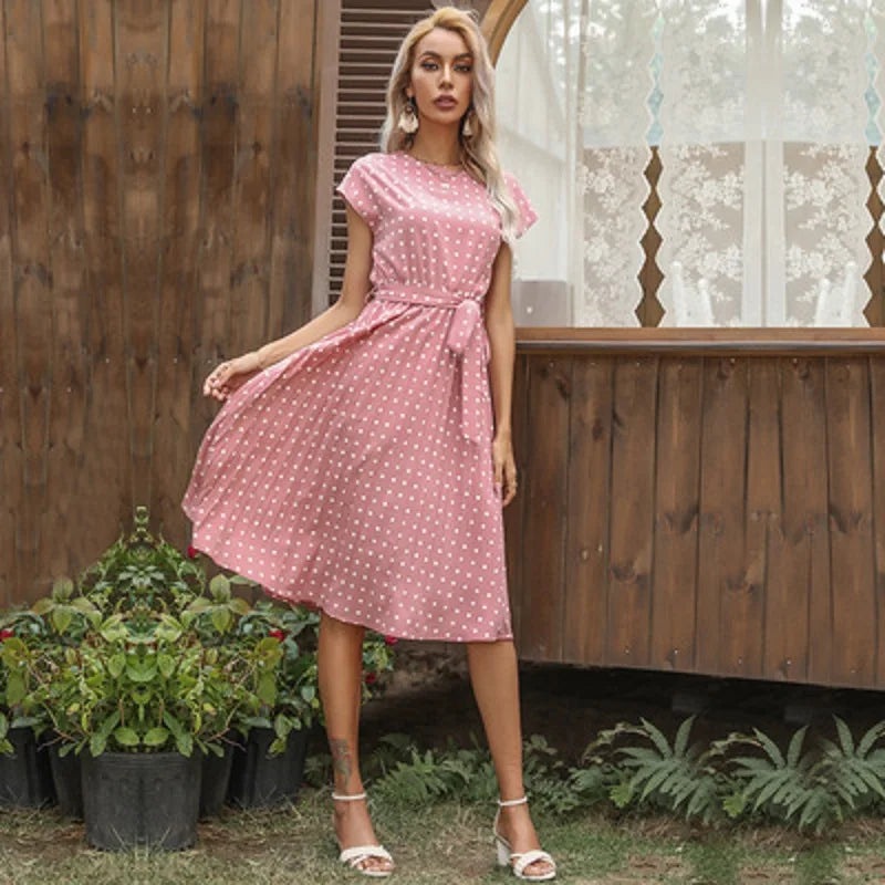 New Summer Polka Dots Sleeveless Pleated For High Waist Elegant Office Green Lady Dinner Party Clothes Midi Dress
