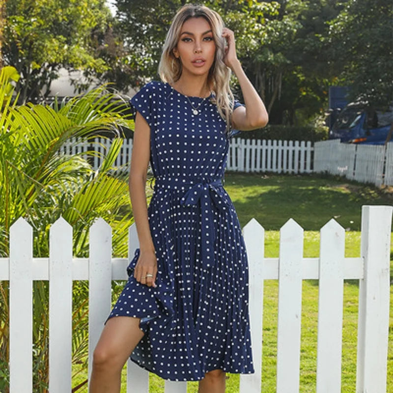 New Summer Polka Dots Sleeveless Pleated For High Waist Elegant Office Green Lady Dinner Party Clothes Midi Dress