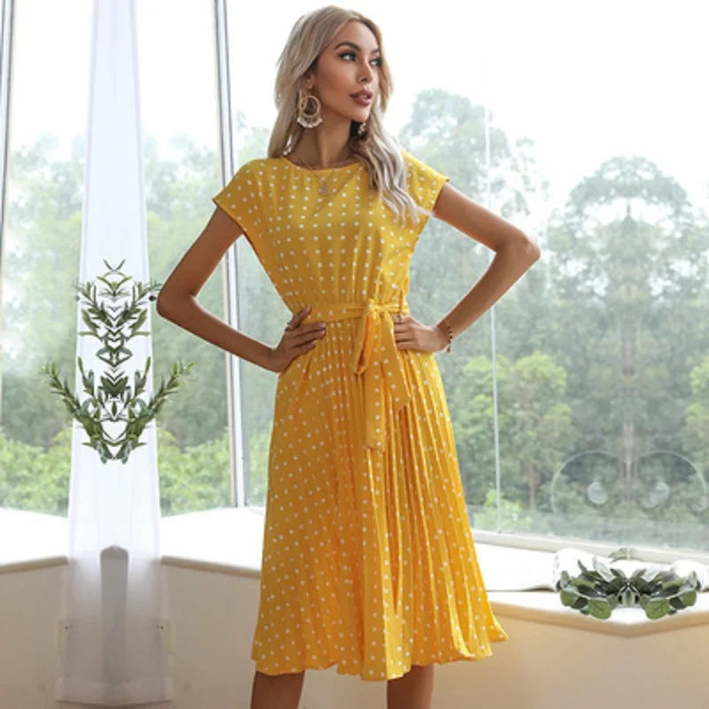 New Summer Polka Dots Sleeveless Pleated For High Waist Elegant Office Green Lady Dinner Party Clothes Midi Dress