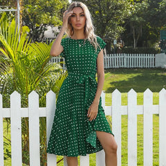 New Summer Polka Dots Sleeveless Pleated For High Waist Elegant Office Green Lady Dinner Party Clothes Midi Dress