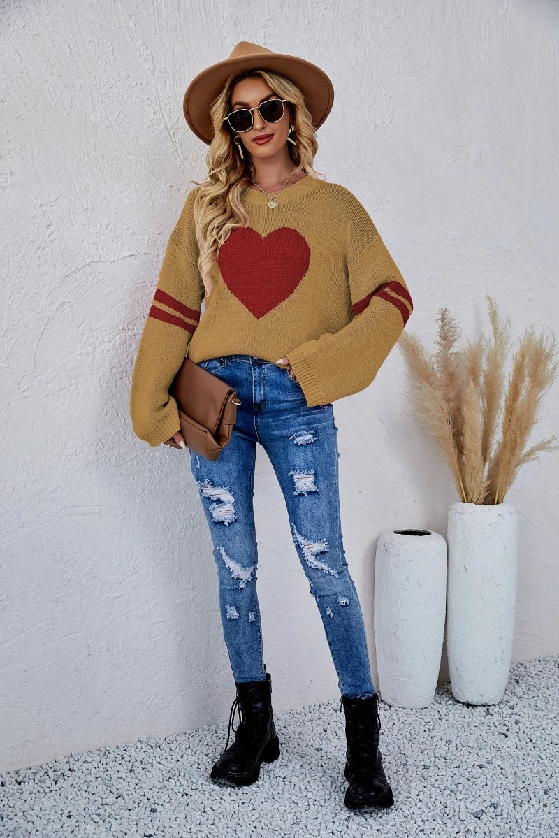 New Winter WomenLoose Round Neck Knitted Pullover Love Long-sleeve Sweater