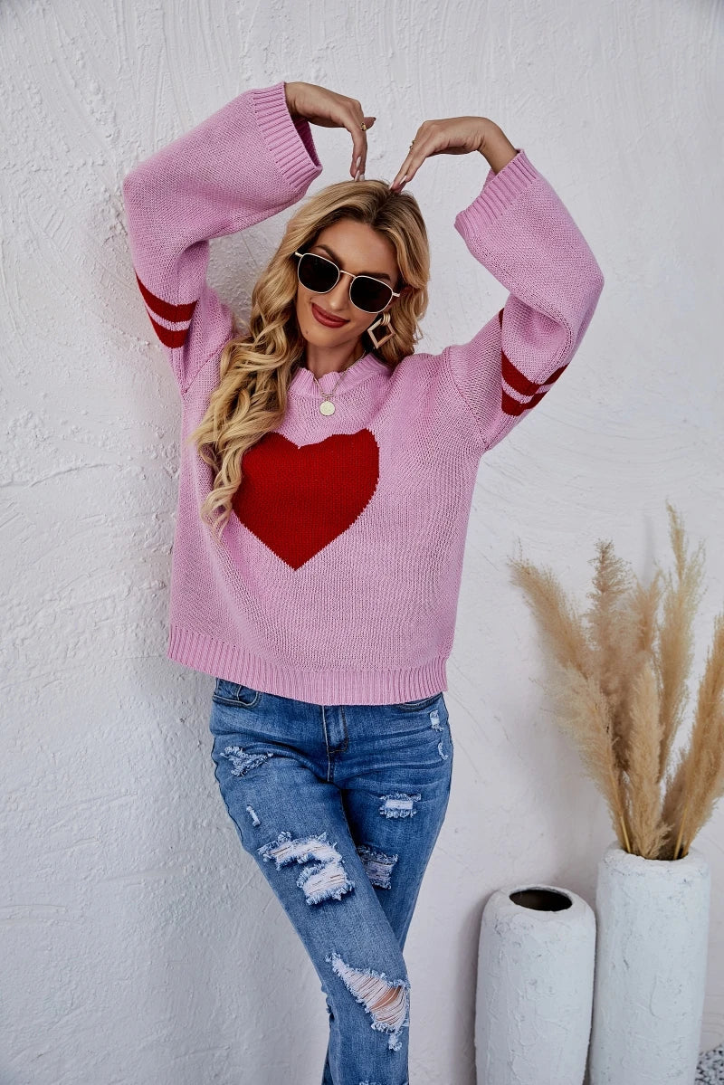 New Winter WomenLoose Round Neck Knitted Pullover Love Long-sleeve Sweater