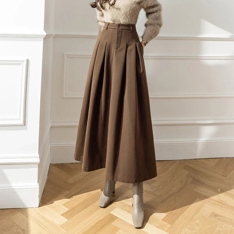 New Winter Woolen Long Womens Fashion High Waist Ball Gown Pleated Korean Style Ladies Wool Skirt