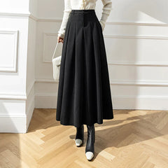 New Winter Woolen Long Womens Fashion High Waist Ball Gown Pleated Korean Style Ladies Wool Skirt