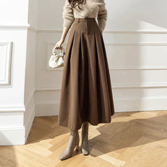 New Winter Woolen Long Womens Fashion High Waist Ball Gown Pleated Korean Style Ladies Wool Skirt